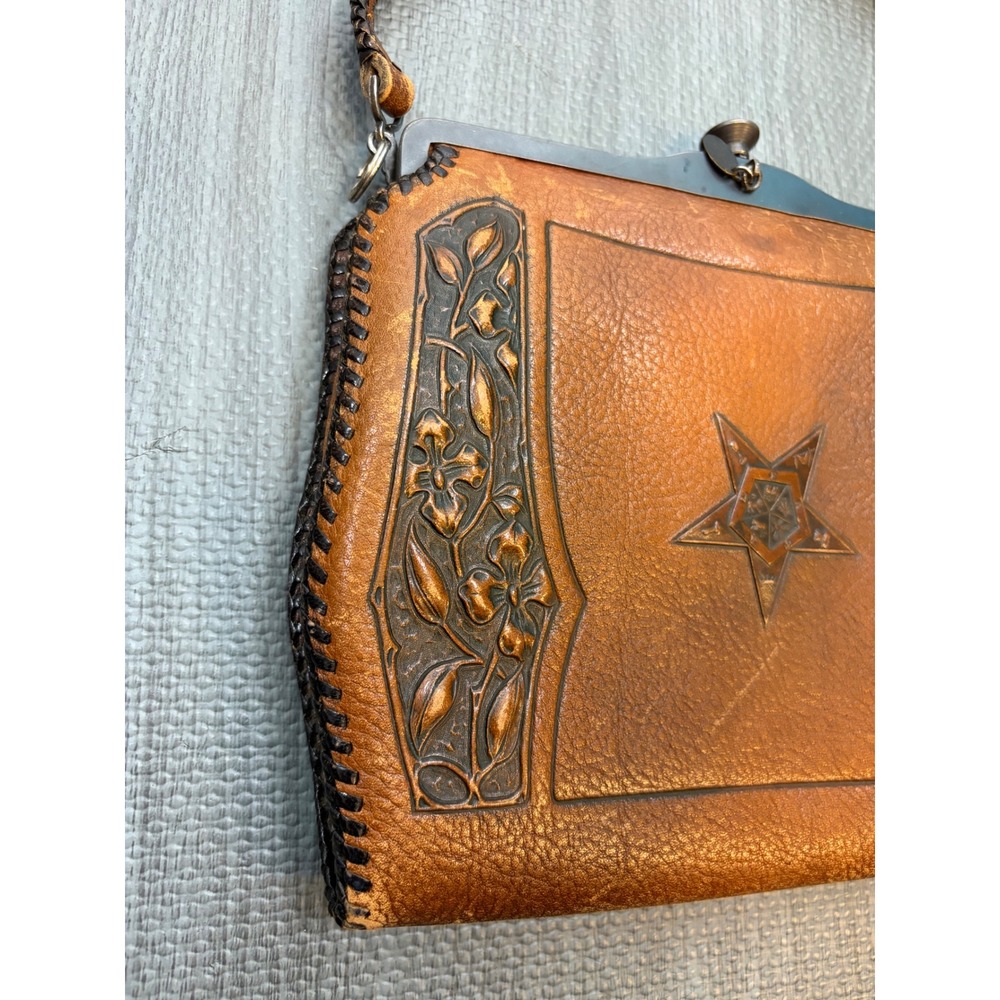 Vintage Meeker Made Tooled Leather OES Eastern Star Handbag Brown Masonic - Picture 4 of 15